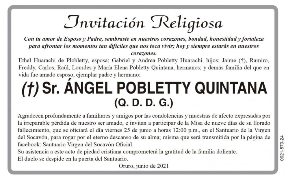 Invitación Religiosa para Ángel Pobletty Quintana