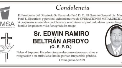 Condolencia por la pérdida de Edwin Ramiro Beltrán Arroyo