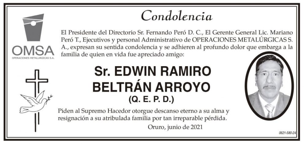 Condolencia por la pérdida de Edwin Ramiro Beltrán Arroyo