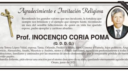 Agradecimiento e Invitación Religiosa por Prof. Inocencio Coria Poma