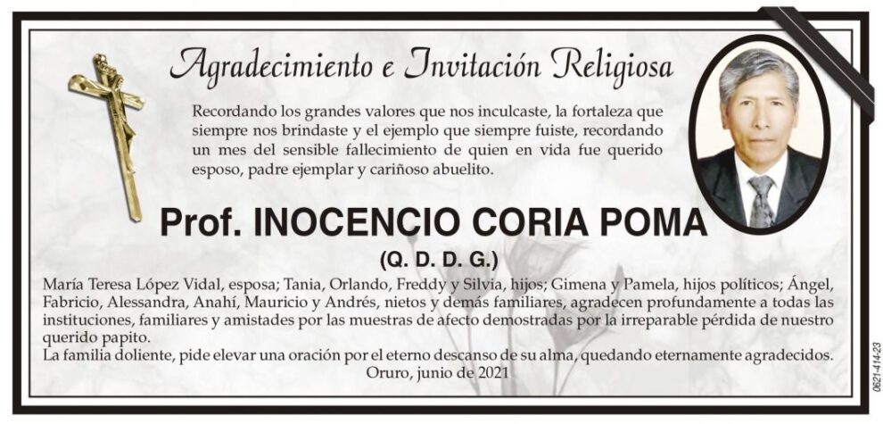 Agradecimiento e Invitación Religiosa por Prof. Inocencio Coria Poma