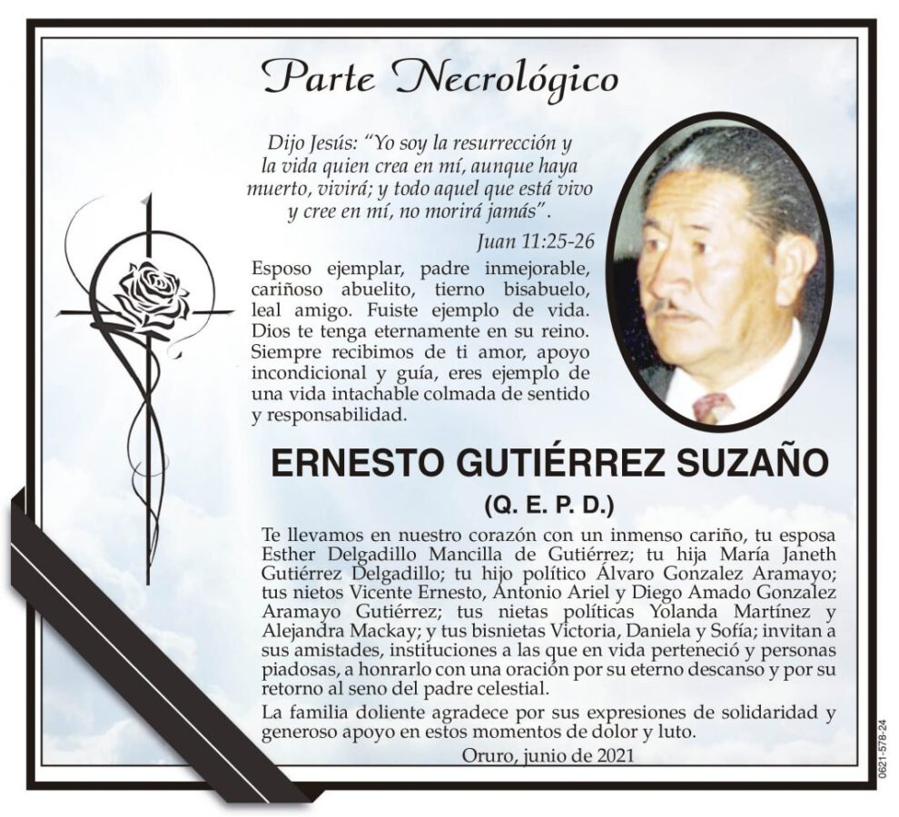 Parte Necrológico de Ernesto Gutiérrez Suzaño
