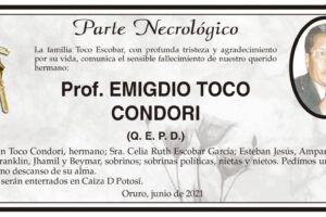 Parte Necrológico de Prof. Emigdio Toco Condori