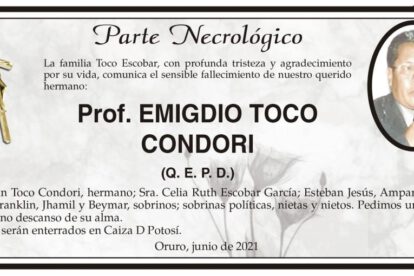 Parte Necrológico de Prof. Emigdio Toco Condori