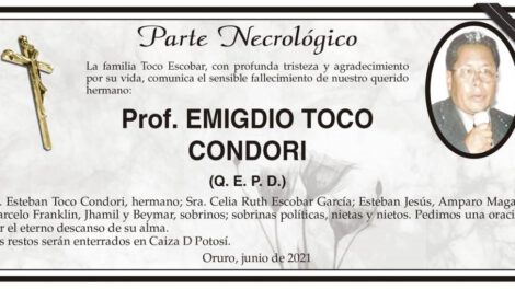 Parte Necrológico de Prof. Emigdio Toco Condori
