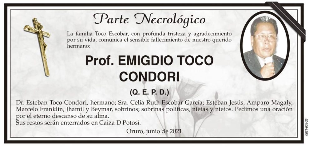 Parte Necrológico de Prof. Emigdio Toco Condori