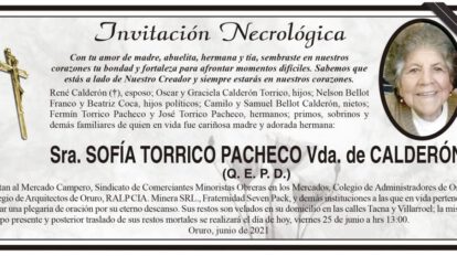 Invitación Necrológica de Sofía Torrico Pacheco