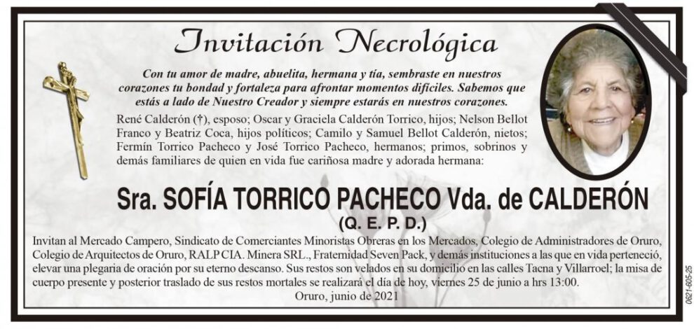Invitación Necrológica de Sofía Torrico Pacheco