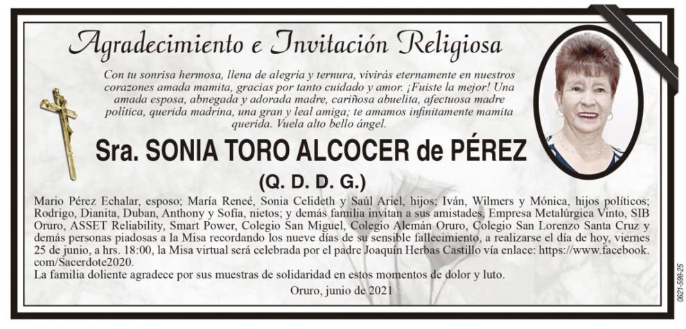 Agradecimiento e Invitación Religiosa por Sonia Toro Alcocer