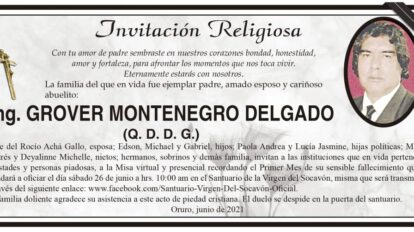 Invitación Religiosa para Ing. Grover Montenegro Delgado