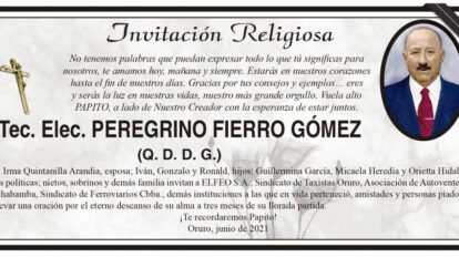 Invitación religiosa en memoria de Peregrino Fierro Gómez