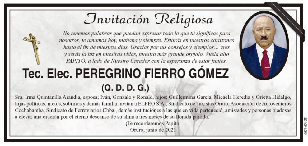 Invitación religiosa en memoria de Peregrino Fierro Gómez