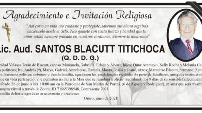 Agradecimiento e Invitación Religiosa por Lic. Aud. Santos Blacutt Titichoca