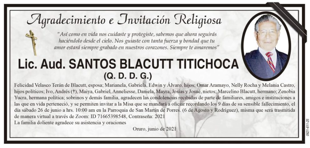 Agradecimiento e Invitación Religiosa por Lic. Aud. Santos Blacutt Titichoca