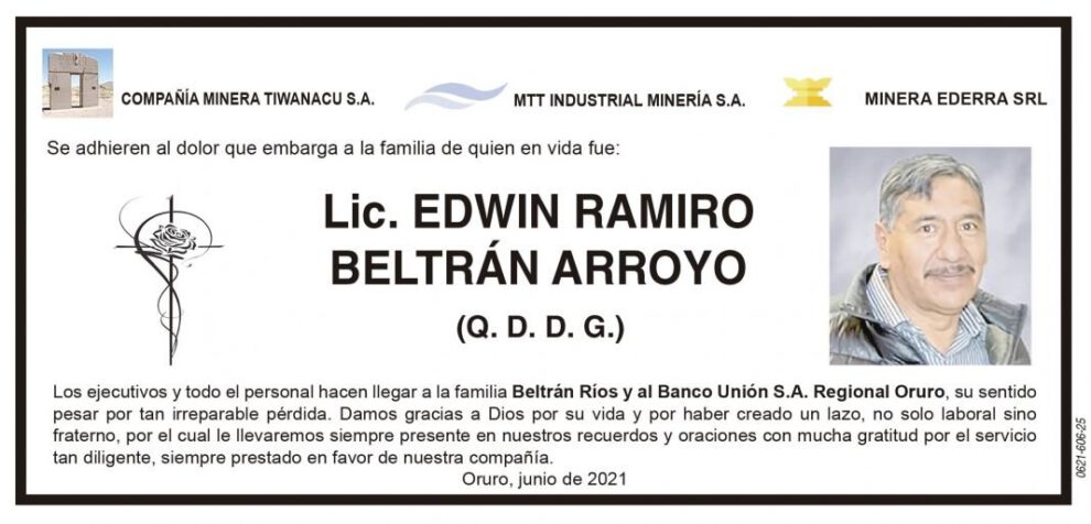 Obituario de Lic. Edwin Ramiro Beltrán Arroyo