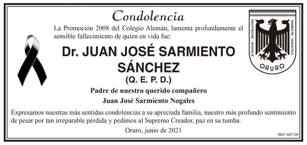 Condolencia por el fallecimiento del Dr. Juan José Sarmiento Sánchez