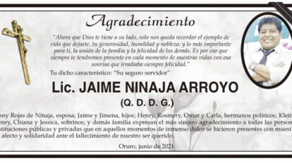 Agradecimiento por Lic. Jaime Ninaja Arroyo
