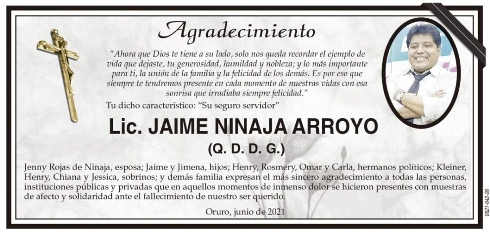 Agradecimiento por Lic. Jaime Ninaja Arroyo