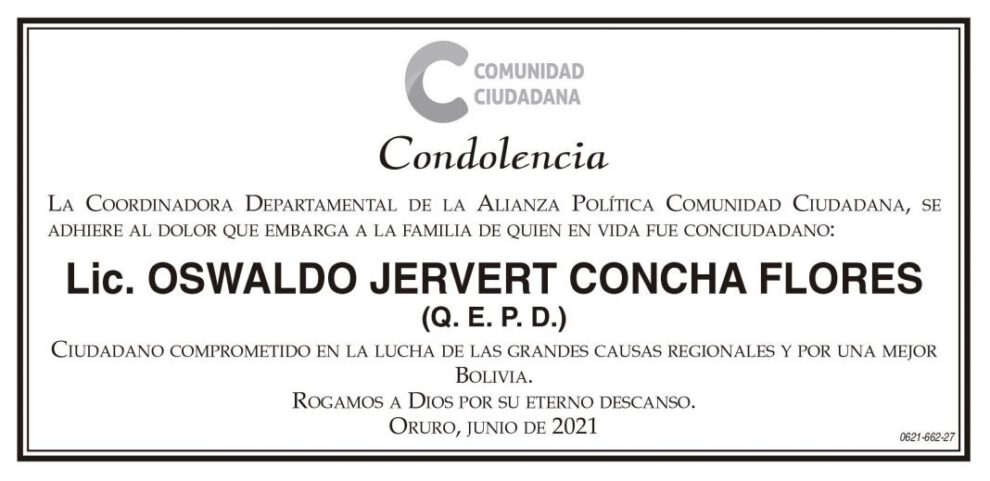 Condolencia por Lic. Oswaldo Jervert Concha Flores