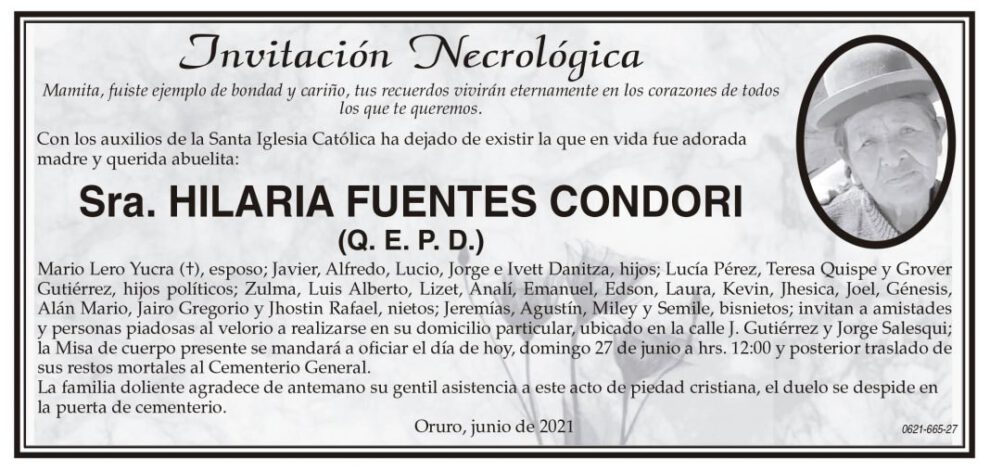 Invitación Necrológica: Hilaria Fuentes Condori