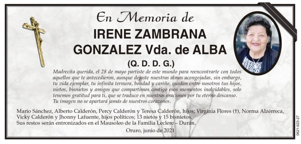 Obituario de Irene Zambrana Gonzalez
