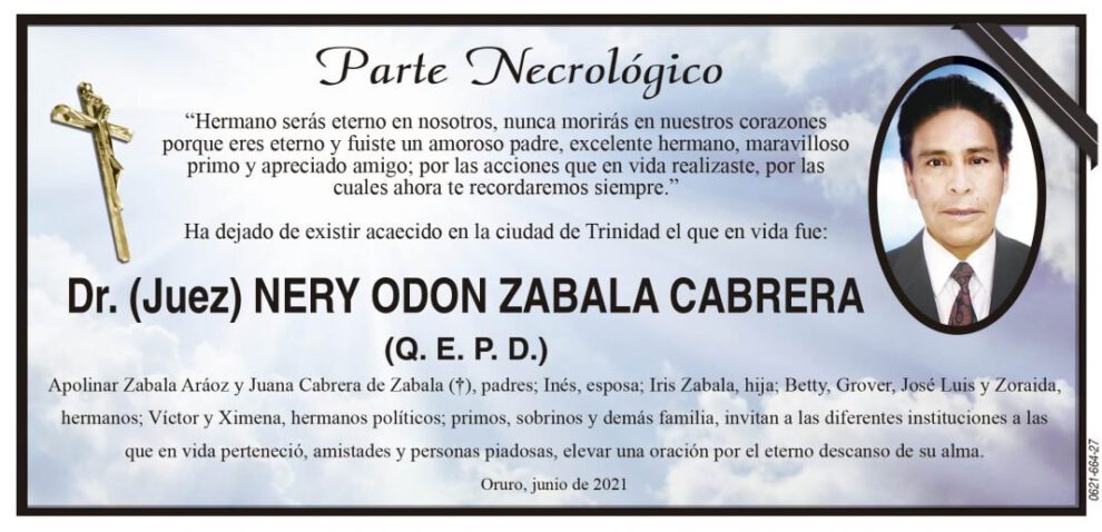 Parte Necrológico: Dr. Nery Odon Zabala Cabrera