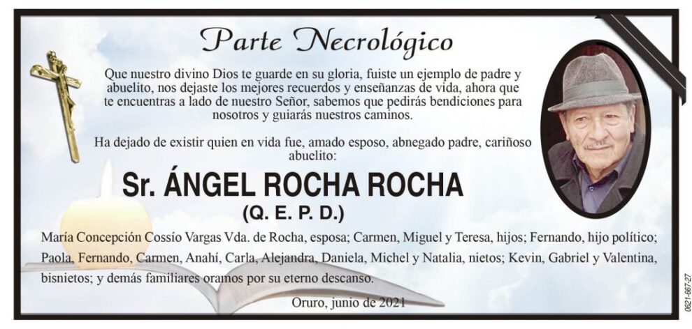 Parte Necrológico de Ángel Rocha Rocha