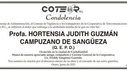 Condolencia por Hortensia Judith Guzmán Campuzano de Sangüeza