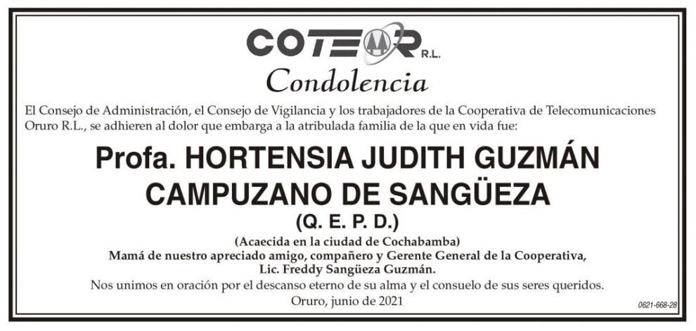 Condolencia por Hortensia Judith Guzmán Campuzano de Sangüeza