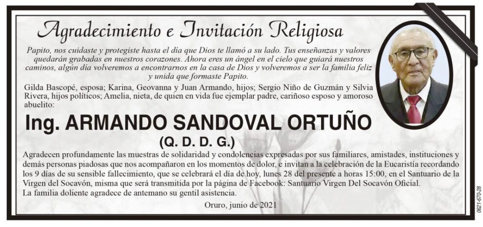 Agradecimiento e Invitación Religiosa por Ing. Armando Sandoval Ortuño