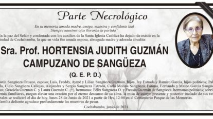 Parte Necrológico de Hortensia Judith Guzmán Campuzano