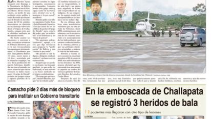 Portadas impresas del periódico La Patria, lunes 11 de noviembre de 2019