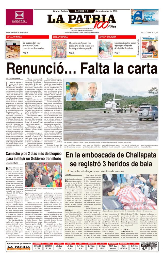 Portadas impresas del periódico La Patria, lunes 11 de noviembre de 2019