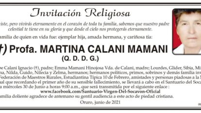 Invitación Religiosa para Profa. MARTINA CALANI MAMANI