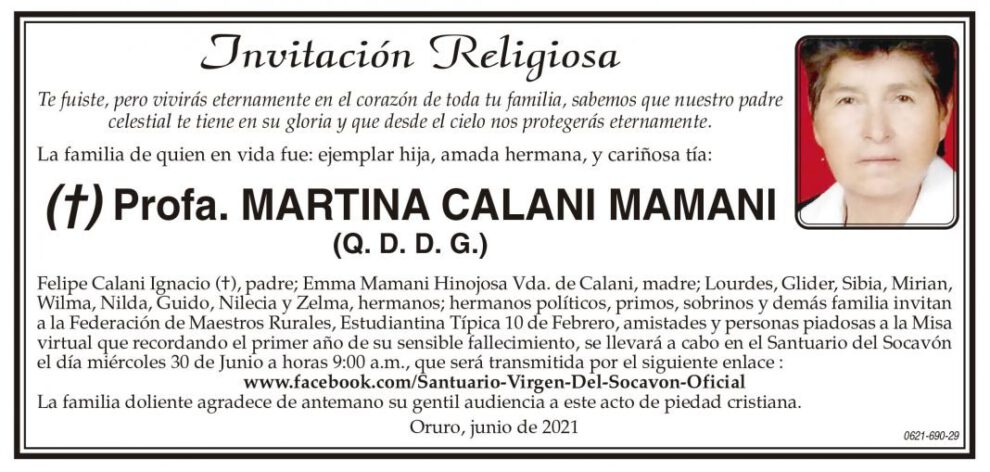 Invitación Religiosa para Profa. MARTINA CALANI MAMANI