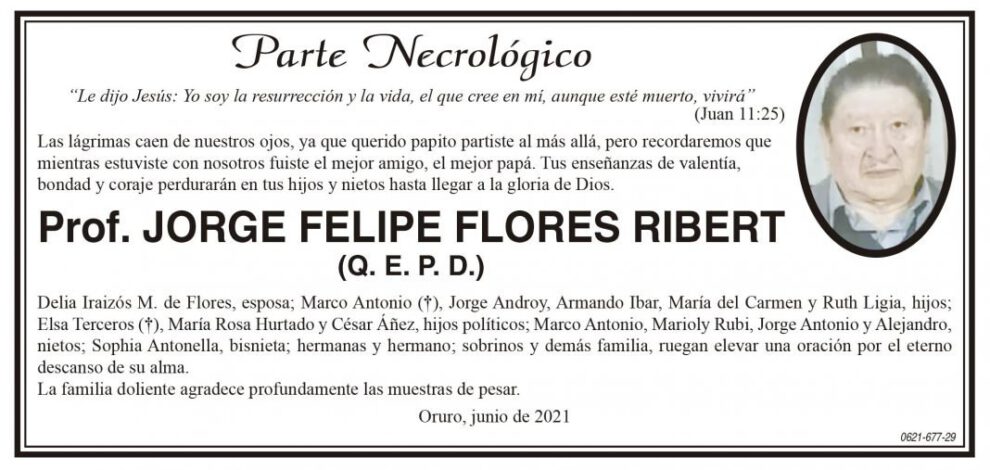 Parte Necrológico de Prof. Jorge Felipe Flores Ribert