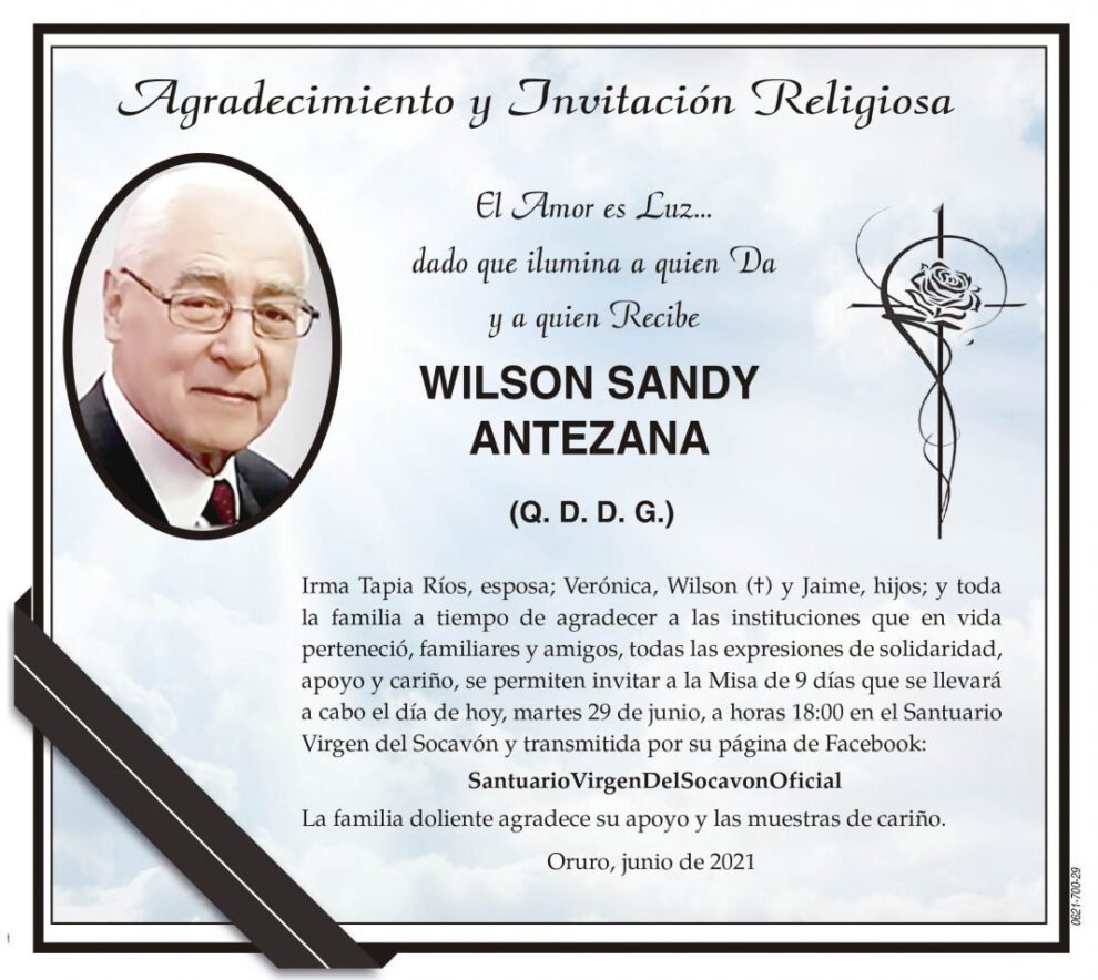 Agradecimiento y Invitación Religiosa: Wilson Sandy Antezana