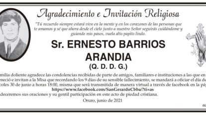 Agradecimiento e Invitación Religiosa por Ernesto Barrios Arandia