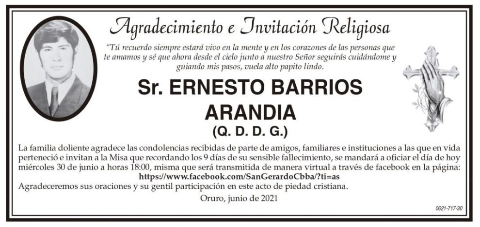 Agradecimiento e Invitación Religiosa por Ernesto Barrios Arandia