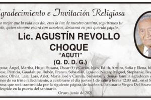 Agradecimiento e Invitación Religiosa: Lic. Agustín Revollo Choque