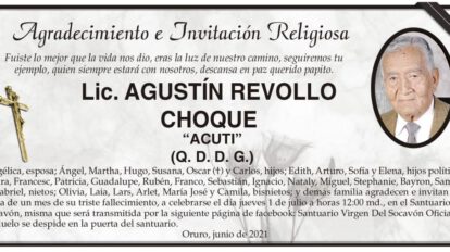 Agradecimiento e Invitación Religiosa: Lic. Agustín Revollo Choque