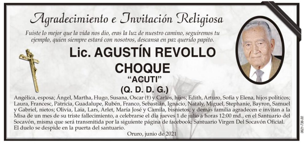 Agradecimiento e Invitación Religiosa: Lic. Agustín Revollo Choque