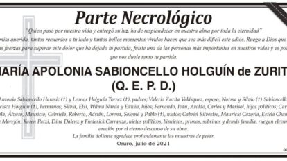 Parte Necrológico de MARÍA APOLONIA SABIONCELLO HOLGUÍN