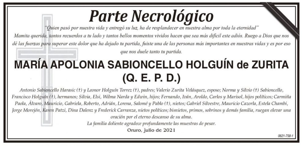Parte Necrológico de MARÍA APOLONIA SABIONCELLO HOLGUÍN
