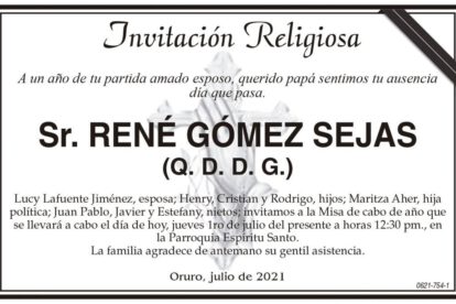 Invitación Religiosa: Sr. René Gómez Sejas (Q. D. D. G.)