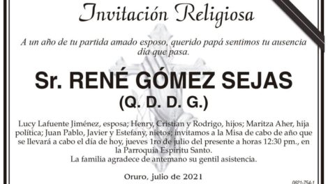 Invitación Religiosa: Sr. René Gómez Sejas (Q. D. D. G.)