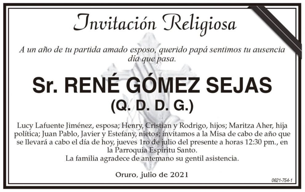 Invitación Religiosa: Sr. René Gómez Sejas (Q. D. D. G.)