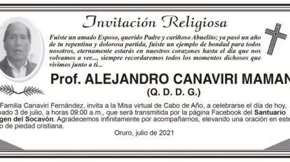 Prof. Alejandro Canaviri Mamani, invitación a misa virtual