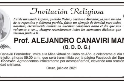 Prof. Alejandro Canaviri Mamani, invitación a misa virtual