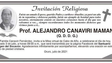 Prof. Alejandro Canaviri Mamani, invitación a misa virtual